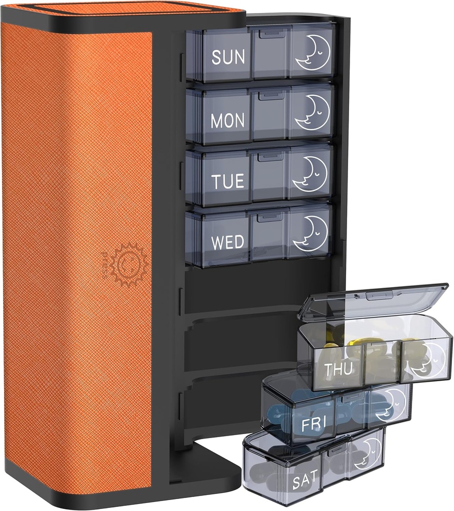 7-Dia AM/PM Organizador de comprimidos com caixa de couro resistente a riscos - Portable Weekly Travel Medicine Box com cápsulas diárias destacáveis e projeto de privacidade ( Laranja brilhante)