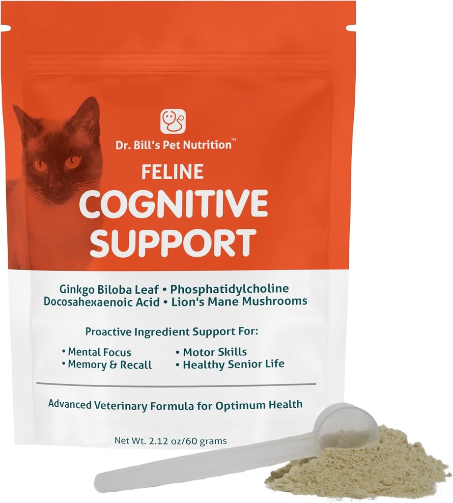 Dr. Bill's Feline Cognitive Support (Suplemento de suporte de memória para gatos) Suplemento de animais de estimação (L-Carnosina, Vitamina B-12, L-Glutamina, L-Tirosina e DHA