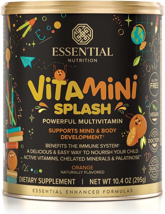 Nutrição Essencial Splash Vitaminai - Crianças multivitamin Pó - Apoio Nutricional - 13 Vitaminas Ativas & 6 Mineral Quelated, Fibra Prebiótica - sabor laranja - (10.4 oz) - Vegan