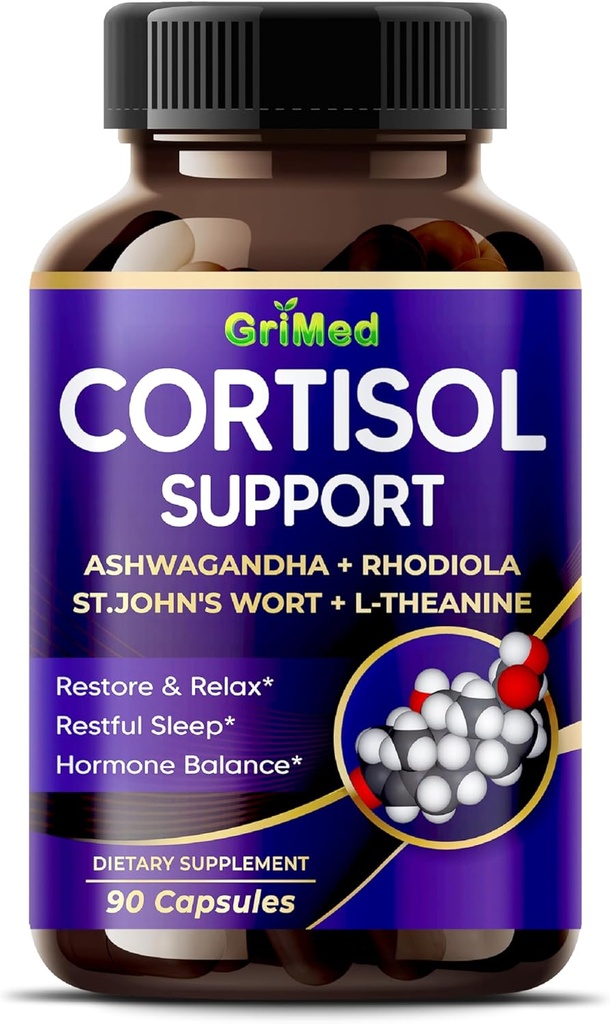 GriMed Ashwagandha Rhodiola 14,150mg - x 10 Power with St.John's Wort, L-Theanina - Restaurar e relaxar, sono tranquilo - EUA Made & Tested (90 Count of 1))