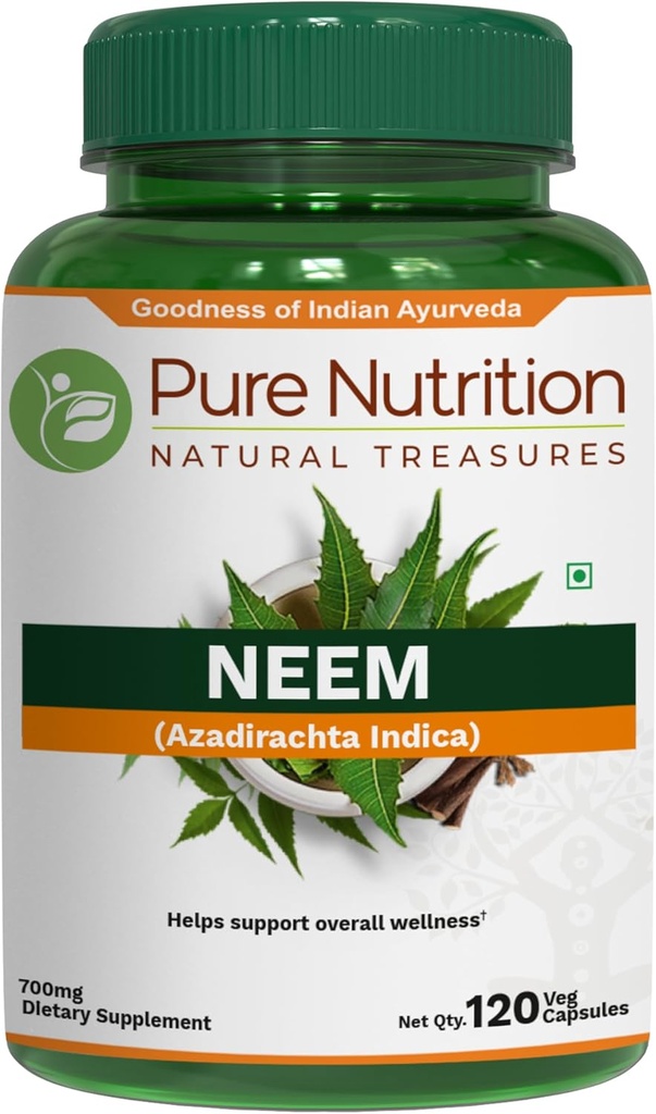 Pure Nutrition Neem Capsules 700mg. (Equivalente a 2600mg Neem Leaf Powder and Bark Powder) Não-GMO Uma vez por dia.