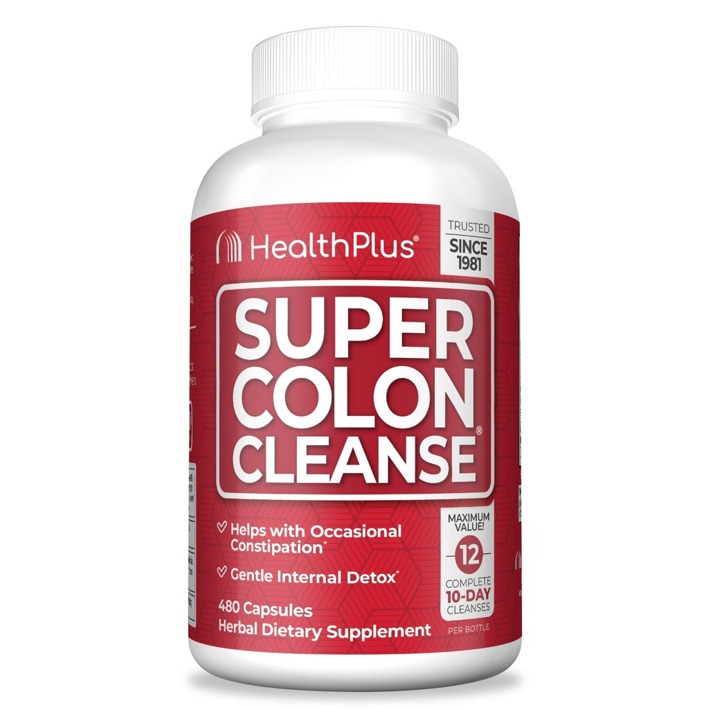 Health Plus Super Colon Cleanse 120 dias de fornecimento de gentil Gut Cleanse Detox, Psyllium Husk, Probióticos para alívio da constipação e suporte digestivo, 480 Cápsulas