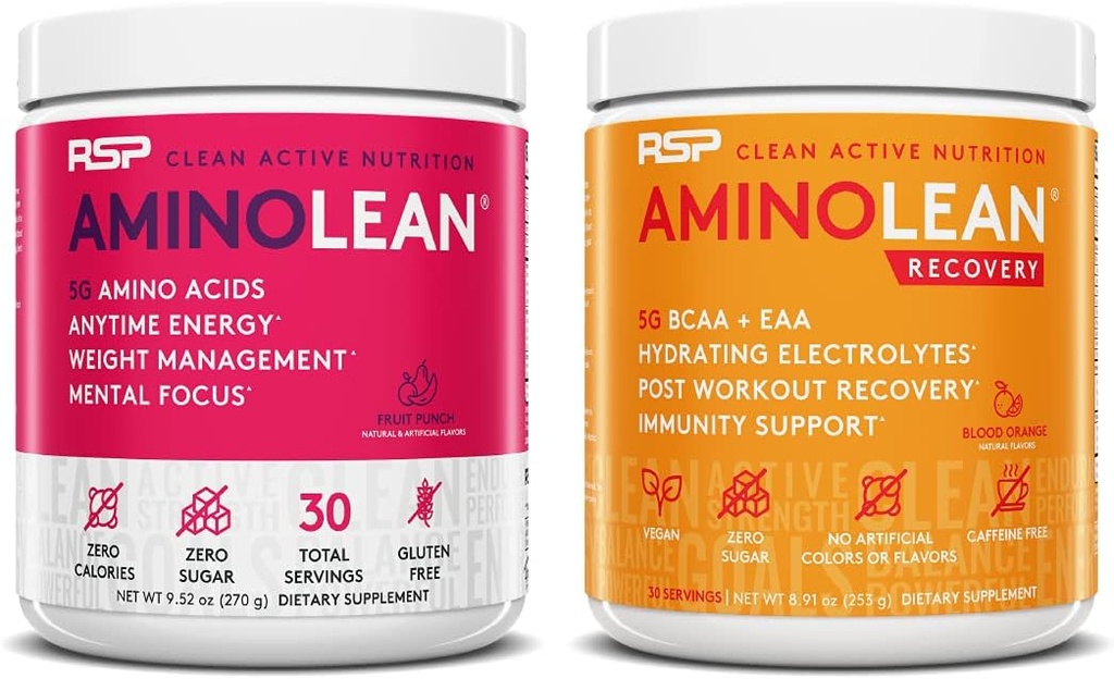 RSP NUTRITION AminoLean pré-treino Energia (Fruit Punch 30 Servings) com AminoLean recuperação pós treino Boost (Sangue laranja 30 Servings)