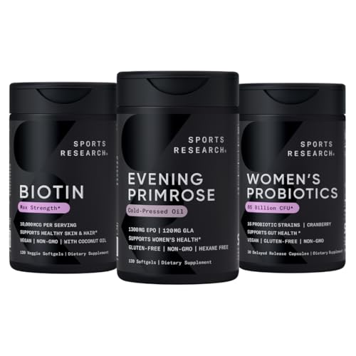 Esportes Pesquisa Evening Primrose Suplemento do óleo prensado frio, Vegan Biotin 10.000mcg com óleo de coco & Probióticos femininos com prebióticos, 65 bilhões de CFU
