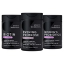 Esportes Pesquisa Evening Primrose Suplemento do óleo prensado frio, Vegan Biotin 10.000mcg com óleo de coco & Probióticos femininos com prebióticos, 65 bilhões de CFU