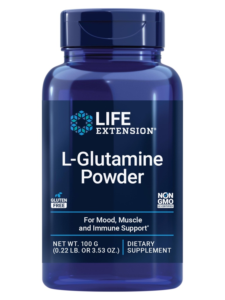 Extensão de vida Pó de L-Glutamina, Aminoácido, Suporta Saúde Muscular e Imune Saúde, Gluten-Free, Non-GMO, Vegetarian, 100 Grams