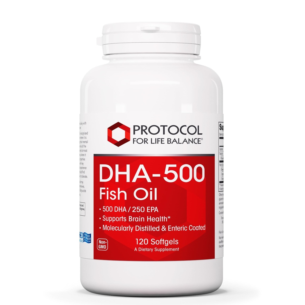 PROTOCOLO PARA EQUILÍBRIO DE VIDA DHA-500 - DHA 500mg & EPA 250mg - Suplemento de óleo de peixe - Saúde do cérebro e suporte - Digestão fácil - Não-GMO & Halal - 120 Softgels
