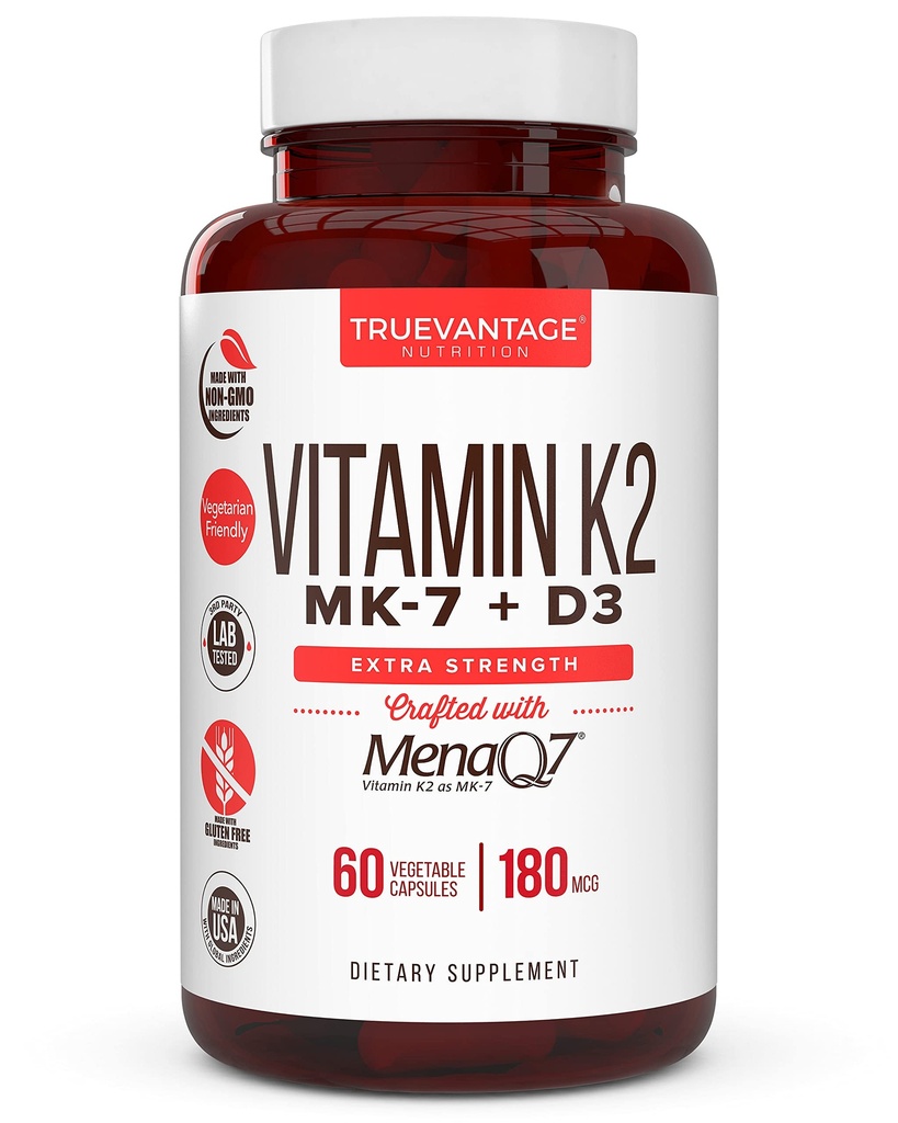 Suplemento de vitamina K2 D3 5000 UI D3 e 180 mcg Suplemento de vitamina k2 MK7 para ossos saudáveis, saudável coração e saúde cardiovascular-60 Fácil de engolir tampas vegetais de MenaQ7 K2 MK7