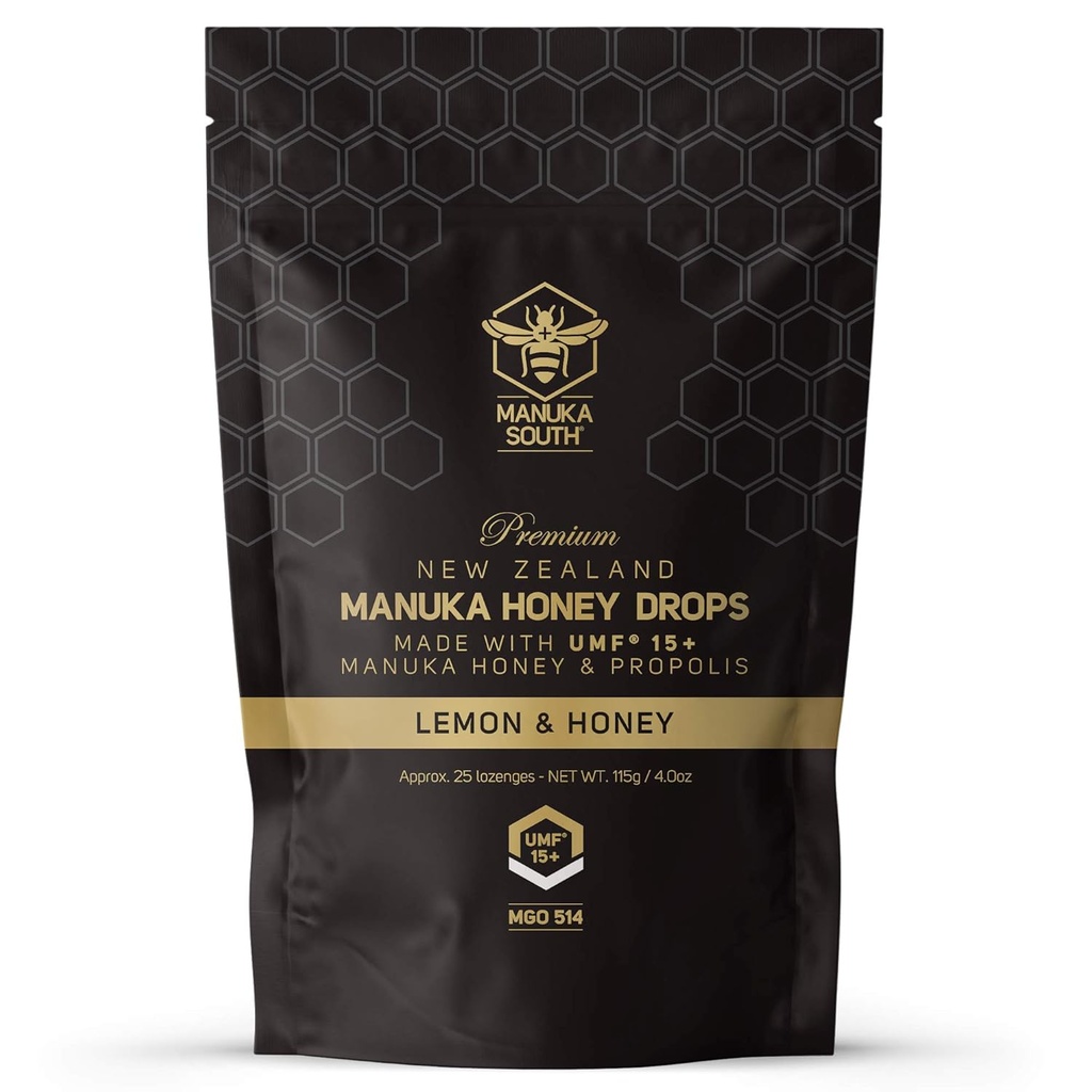 Manuka Honey Drops UMF 15+ / MGO 514+ & Propolis Drops Made in New Zealand – Natural Ingredients – calmante Drops – limão & mel sabor - 25 Drops
