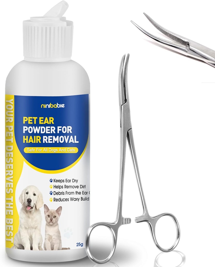 Pó de ouvido para cães Plucking, tratamento de infecção de ouvido cão com 5,5 polegadas pinças curvado, removendo cabelo do ouvido em pó, acalma coceira orelhas e aliviar arranhões