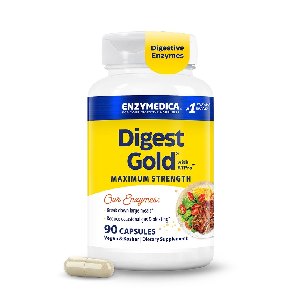 Enzimedica Digest Gold + ATPro, força máxima, ação rápida, ajuda Digest Grandes Refeições, para Bloating e Gás, 90 Cápsulas