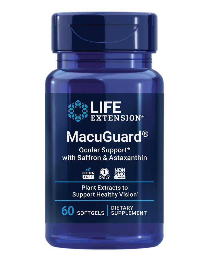 Extensão de vida Suporte Ocular MacuGuard com Saffron & Astaxantina – Suplemento de saúde ocular para visão saudável – com Lutein, zeaxanthin, Meso-zeaxanthin – Gluten-Free, Non-GMO – 60 softgels