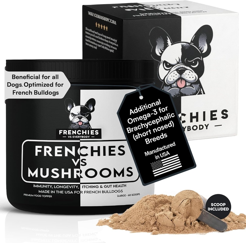 Suplemento de cogumelos para cães – Peru Cogumelo cauda para Dog Imune Support, Digestion, Alergias e Longevidade com Omega3 & Turmérica, para cães Lumps e Bumps, Bulldog francês otimizado