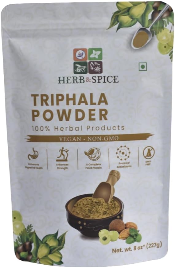 Triphala pó não OGM, sem glúten, 100% cru, Fonte da Índia, Fórmula de ervas de Amla, Haritaki, Bibhitaki, embalado em Resealable Zip Lock Pouch (227 Gram)