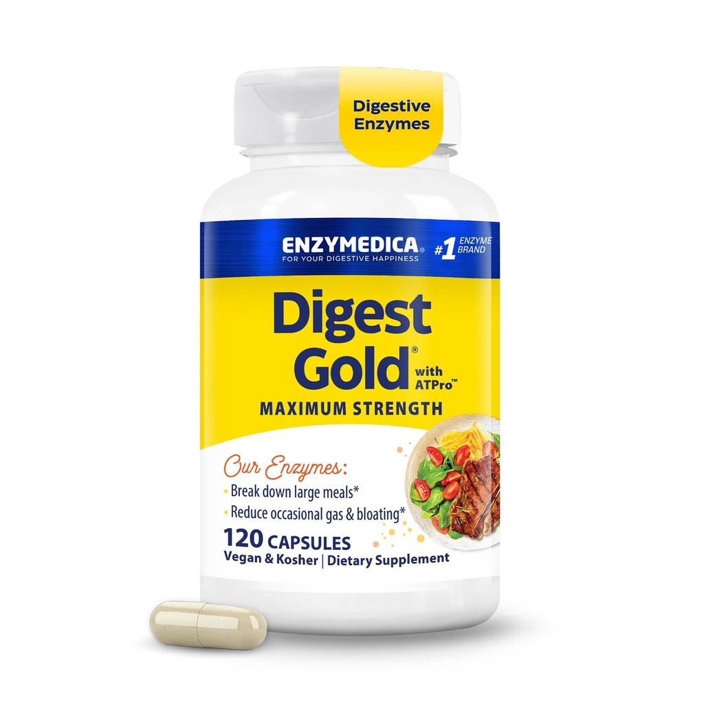 Enzimedica Digest Gold + ATPro, Enzimas Digestivas de Força Máxima, Ajuda Digest Grandes Refeições, para Gás e Bloating, 120 Cápsulas