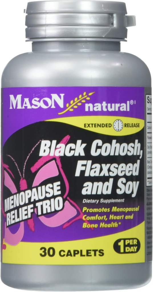MASON NATURAL Menopausa Trio: Black Cohosh, Flaxseed, & Soy (Lançamento Extendido) - May Aleviate Hot Flashes & Night Sweats*, Suporta equilíbrio de hormônios saudável*, 30 Caplets