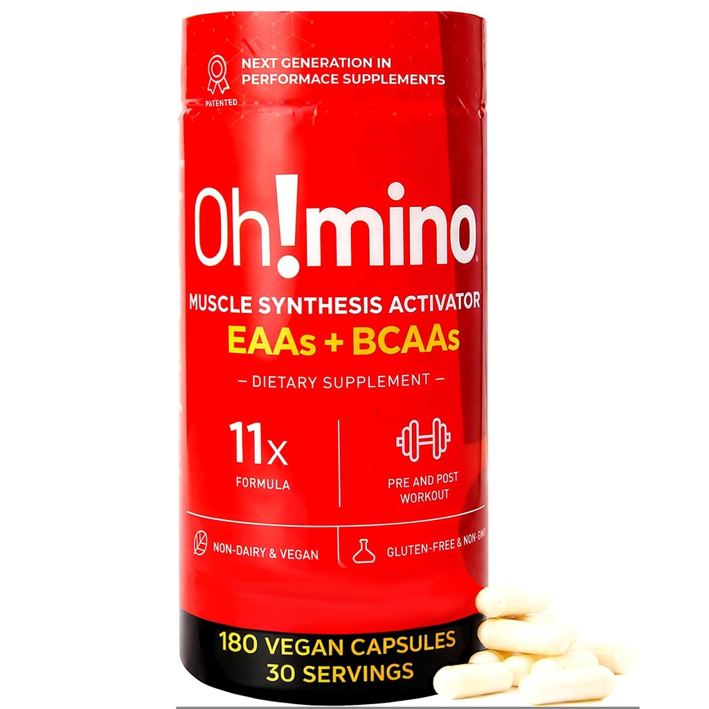 Oh!mino Essential Aminoácidos Suplemento. Cápsulas Cafeinadas. Todos os 9 EAAs, BCAAs e o Amino perfeito para treinos, Energia Amino, e para construir músculo, e recuperar mais rápido.