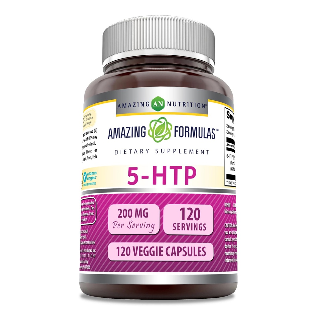 Fórmulas surpreendentes 5-HTP (L-5-Hydroxytryptophan) Suplemento 200 Mg por serviço Cápsulas Veggie Não-GMO (Gluten-Free) Feito nos EUA (1 Pack .