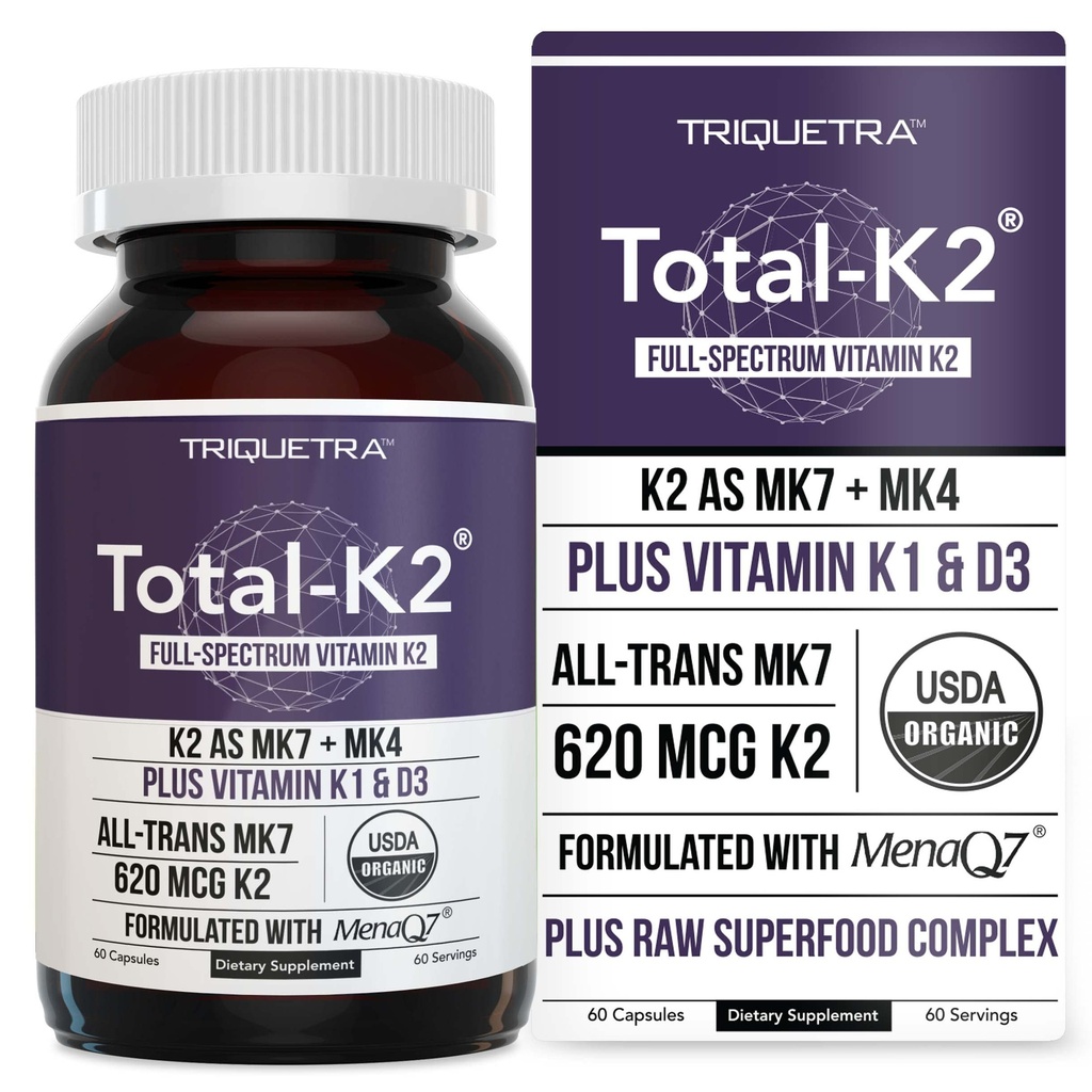 Total K2® □ Vitamina K2 como MK7 & MK4 + K1 & Vitamina D3 Cofactor - 620 mcg K2 por serviço - All-Trans MK7 de MenaQ7® - Vitamina K - Vegan, certificado orgânico (60 cápsulas)