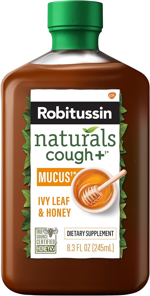 Robitussin Naturals Honey and Ivy Leaf Dietary Supplement alivia tosse ocasional associada à rouquidão, garganta seca e irritantes, 8.3 onças
