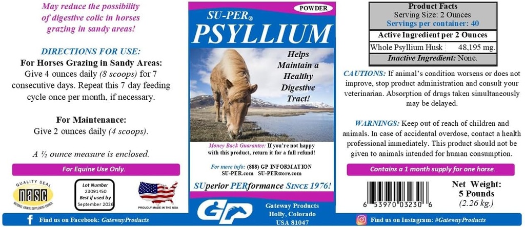 SU-PER Psyllium Horse Digestion Supplement - Mantém Trato Digestivo Saudável em Cavalos - Suportes Remoção de Areia & Sujeira do Trato Intestinal - 5 Libras, (2 Pacote)