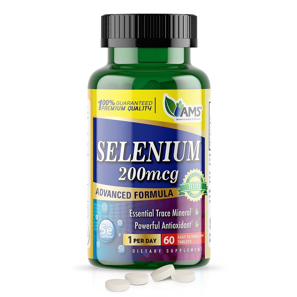 America Medic & Science Selenium 200 mcg (1 pacote de 60 comprimidos) Suplemento dietético puro para homens e mulheres, Essential Trace Mineral and Powerful Antioxidant Best for Imune Support and Thyroid Health
