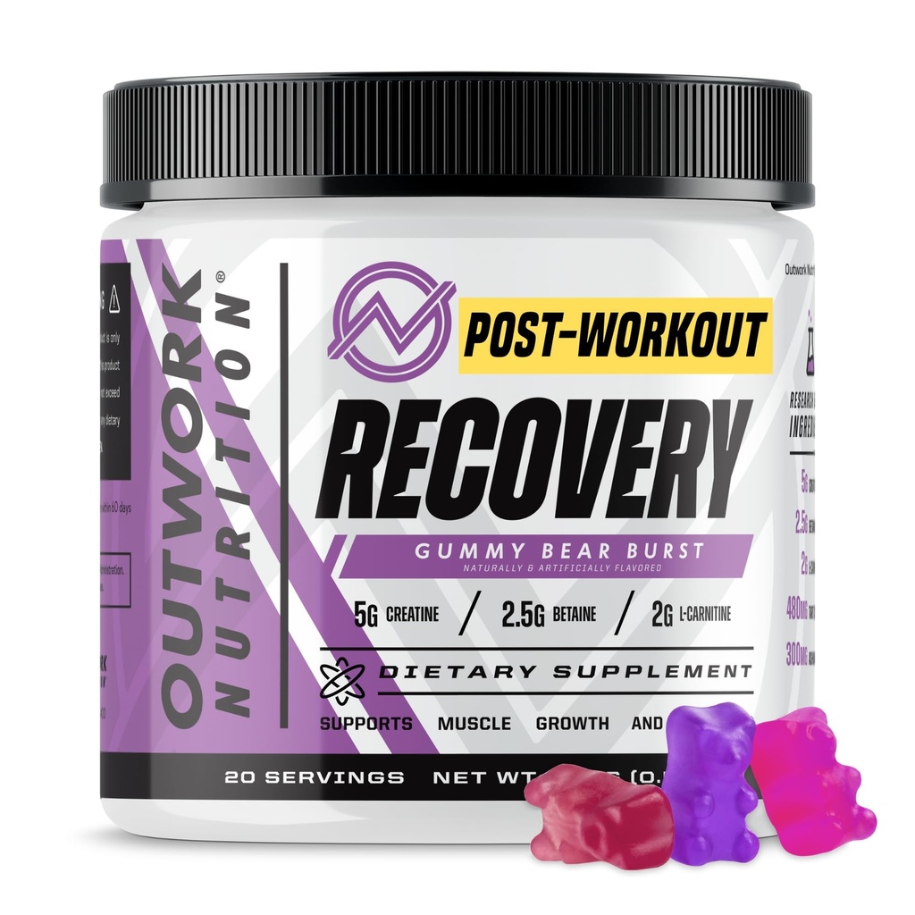 Outwork Nutrition Pós Treino Recuperação Pó - Creatina Monohidrato, KSM-66 Ashwagandha & Tart Cherry - Velocidades Recuperação, Facilidades Dores - Creatina Pó para homens e mulheres, Gummy Bear Burst, 230 Gr