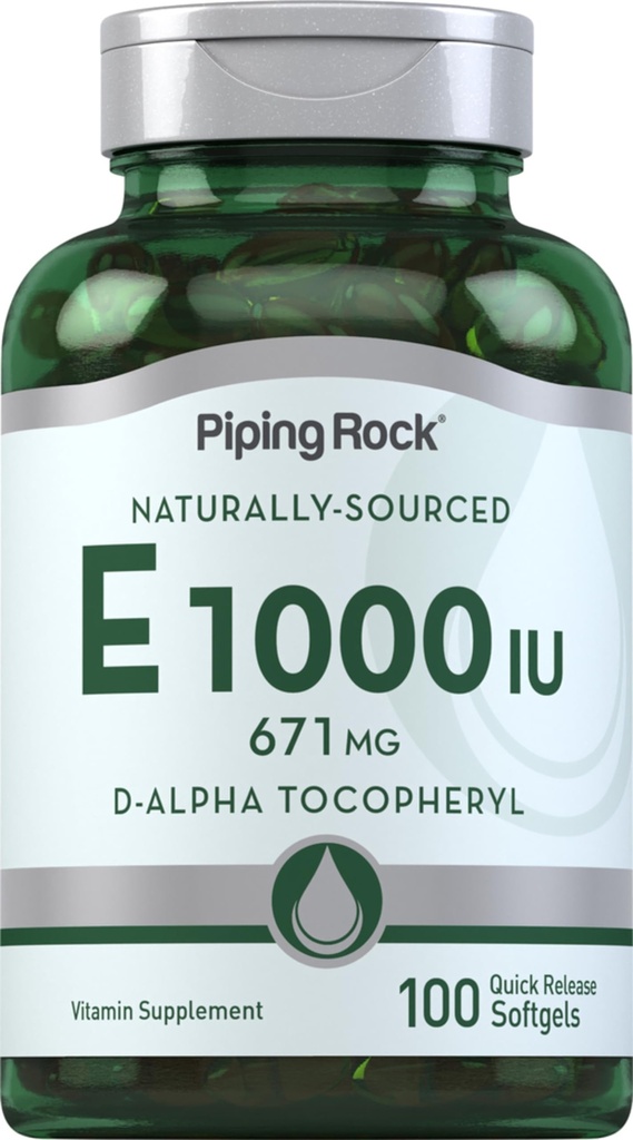 Piping Rock Vitamina E 1000 UI Cápsulas de Softgel 671 mg 100 comprimidos . D-Alpha Tocopheril Supplement .