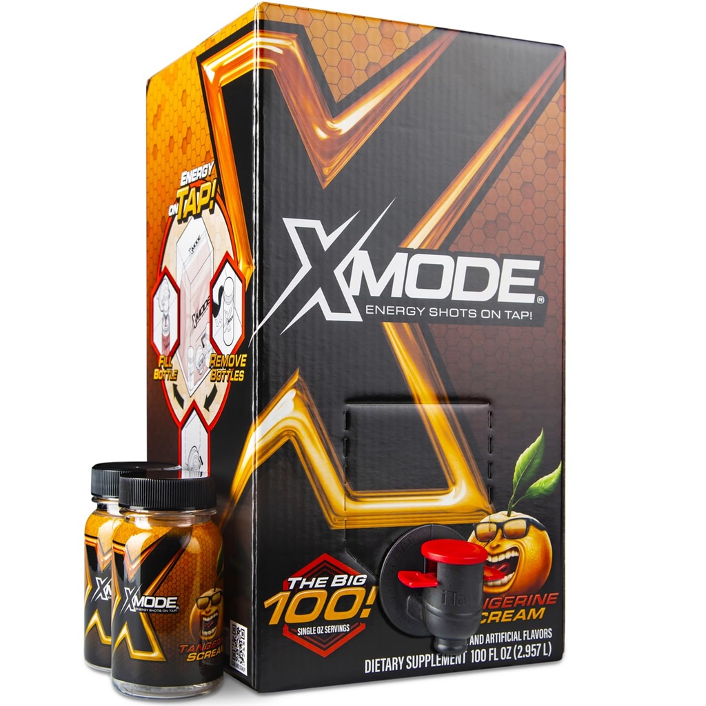 XMODE Gotas de energia de força extra na torneira - Tangerina Flavor, Açúcar Livre, 150mg Cafeína por oz, B12, 100 (1 oz) Serve, Dispensador com 2 garrafas recarregáveis