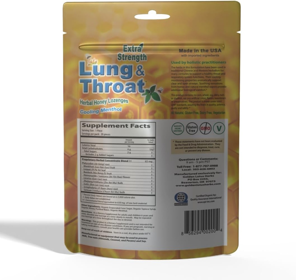 Pulmão & Garganta Ervas Lozenges – QAI Certified Orgânica □ Calmante Mel Mint Cough Drops – 6-Pack