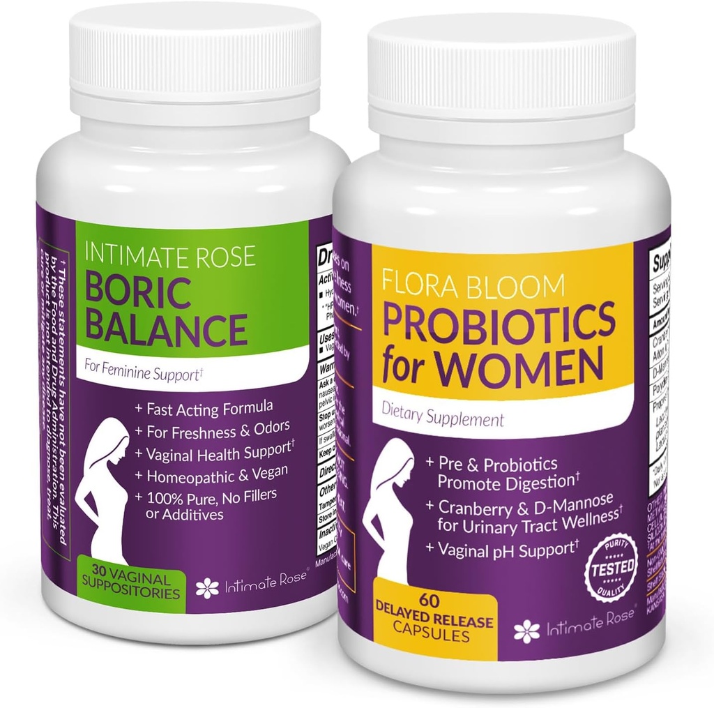 Pacote íntimo de Rose Combo! Flora Bloom Probióticos para Mulheres (Uma Garrafa) e Balance Bórico Ácido Bórico (Uma Garrafa) 2 Embalagem