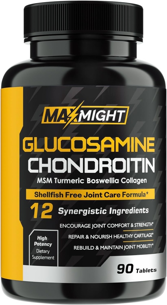 Glucosamina Condroitin HSH Turmeric, Boswellia, 12-em-1, Conforto Conjunto, Mobilidade, Lubrificação e Força para Homens Mulheres & Senior, 90 Tab, Sem Shellfish