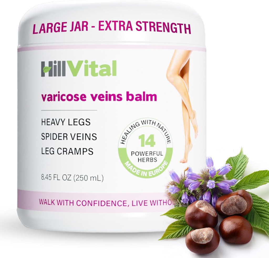 Tratamento de Varizes Vitais Hill para Pernas, Varicose Natural Creme de Veia & Tratamento de Veia Aranha para Pernas e Outras Partes do Corpo, Creme de Castanha Premium Cavalo para Vinhas Puffed, Infundido com 14 ervas