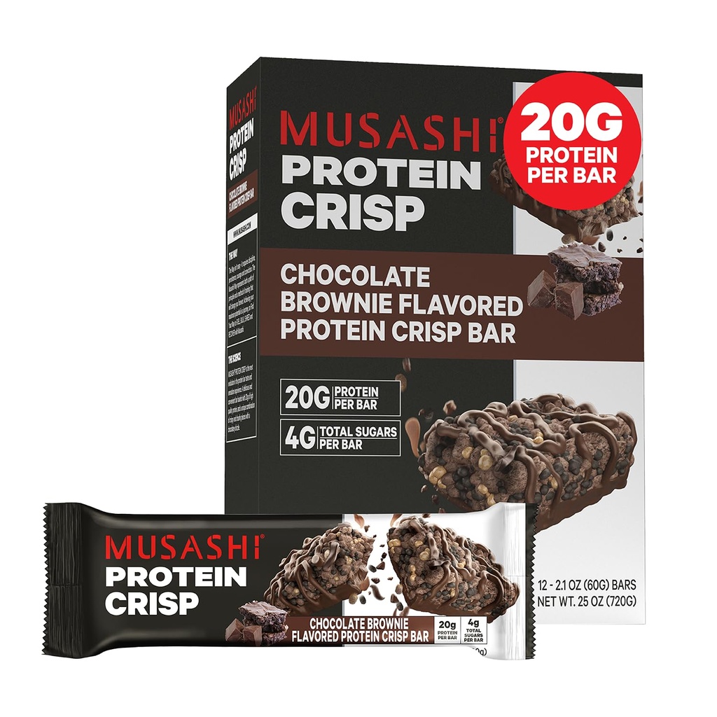 MUSASHI Protein Crisp Bar, 20g Protein, 4g Total de Açúcares, Chocolate Brownie, Pós-treino e Lanche no Go, 12 Pack de 2.1oz (60g) Bares