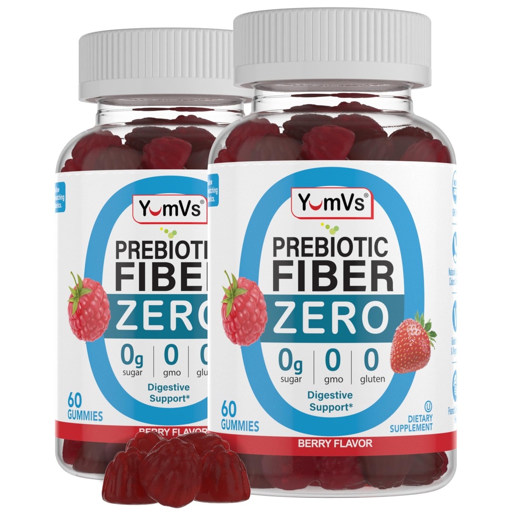 Gummies de fibra prebiótica sem açúcar para adultos e crianças - sabor de cereja - Kosher Halal 4g Suplemento de alta fibra para mulheres e homens - Fibra diária para a saúde digestiva (60 Conde, 2PK)