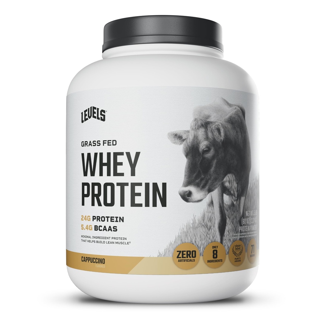 Níveis de proteína de whey alimentado de grama em pó, sem artificiais, 24G de proteína, Cappuccino, 5LB