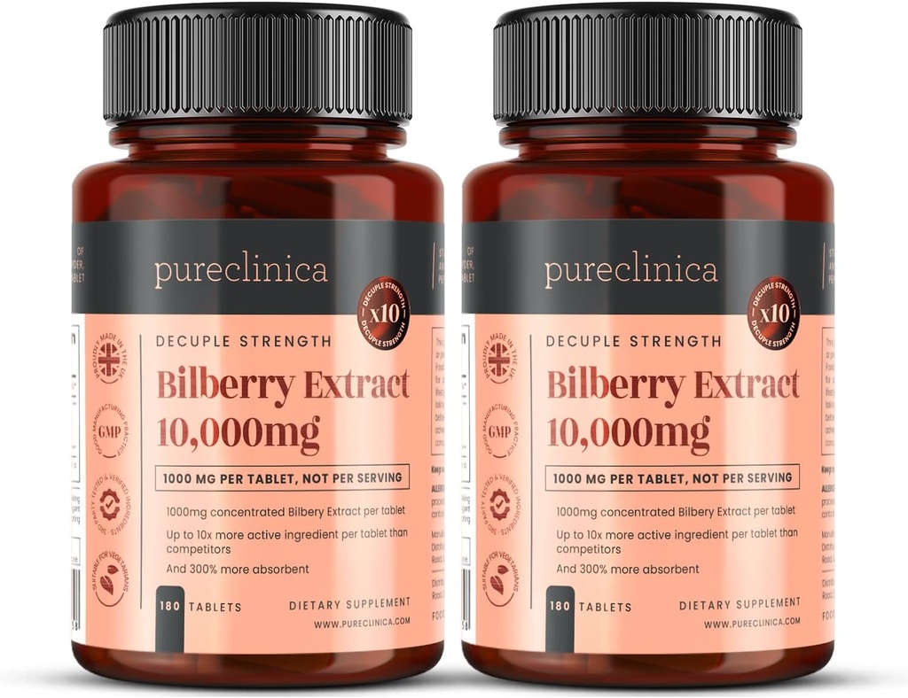 Pureclinica Bilberry Extract 10.000mg x 360 Comprimidos (2 Garrafas) - 10 X Mais Antocianidins por Comprimido do que a maioria dos Outros - e 5mg Extracto de Pimenta Negra para 300% Aumento de Absorção