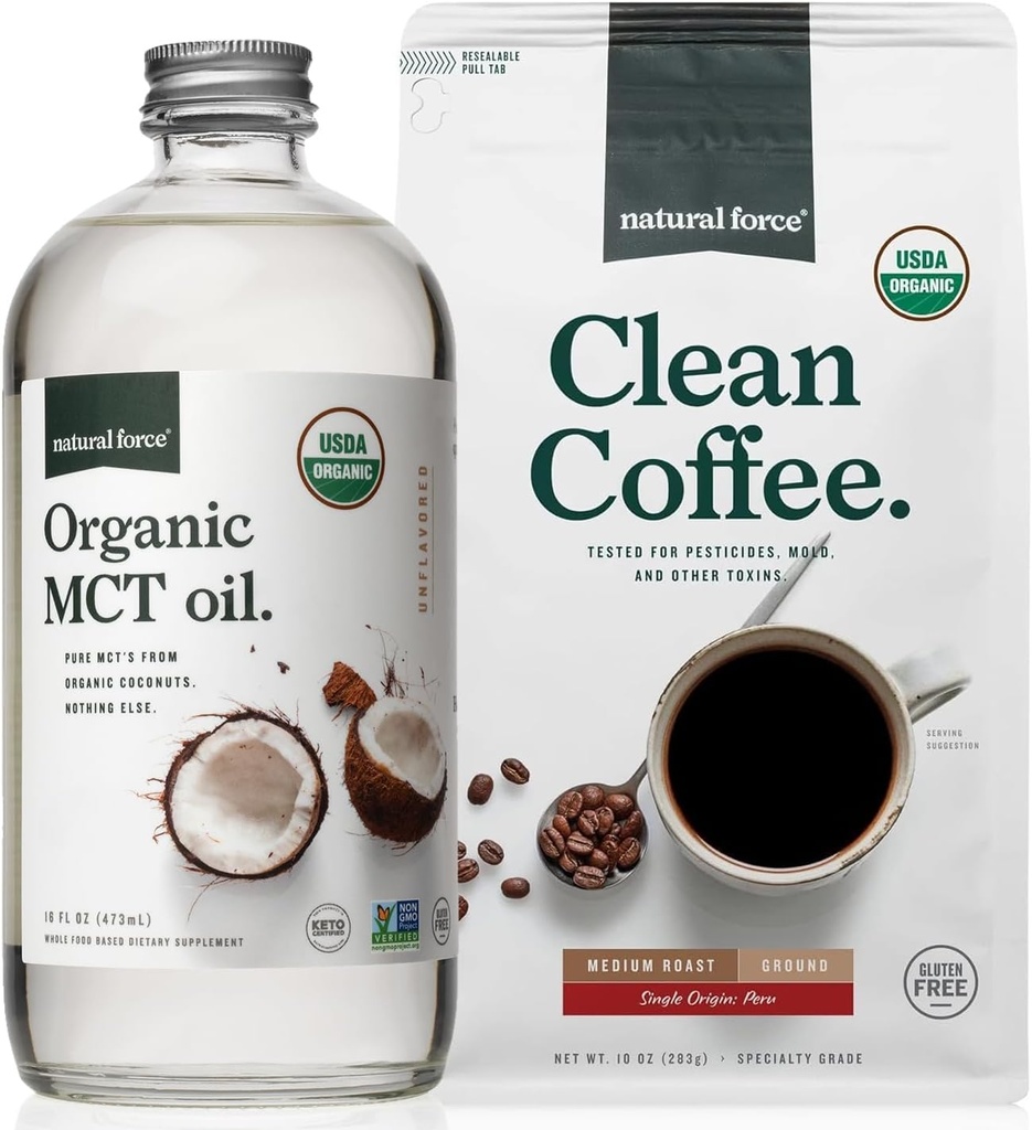Natural Força Organic Ground Clean Coffee + Organic MCT Oil Bundle – 100% puro Coco MCTs & Mold & Mycotoxina Free Coffee – Non-GMO, Keto, Paleo, e Vegan - 10 Oz Bag e 16 Oz garrafa de vidro
