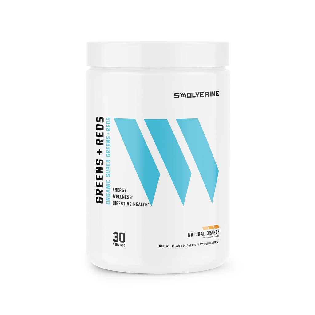 Verdes de Swolverine e Vermelhos Super Verdes e Vermelhos Pó com espirulina, chlorela, grama de trigo, romã, raiz de beterraba, açafrão, sabor laranja natural (30 Servings)