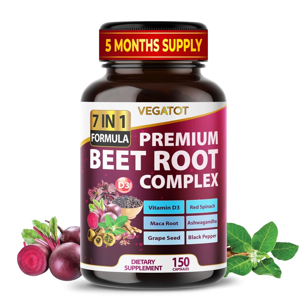 VEGATOT Beterraba Raiz * EUA Made and Tested* Concentrado com Ginseng Maca Root Ashwagandha - Suporte Immune de resistência energética (150 Count (Pack of 1))