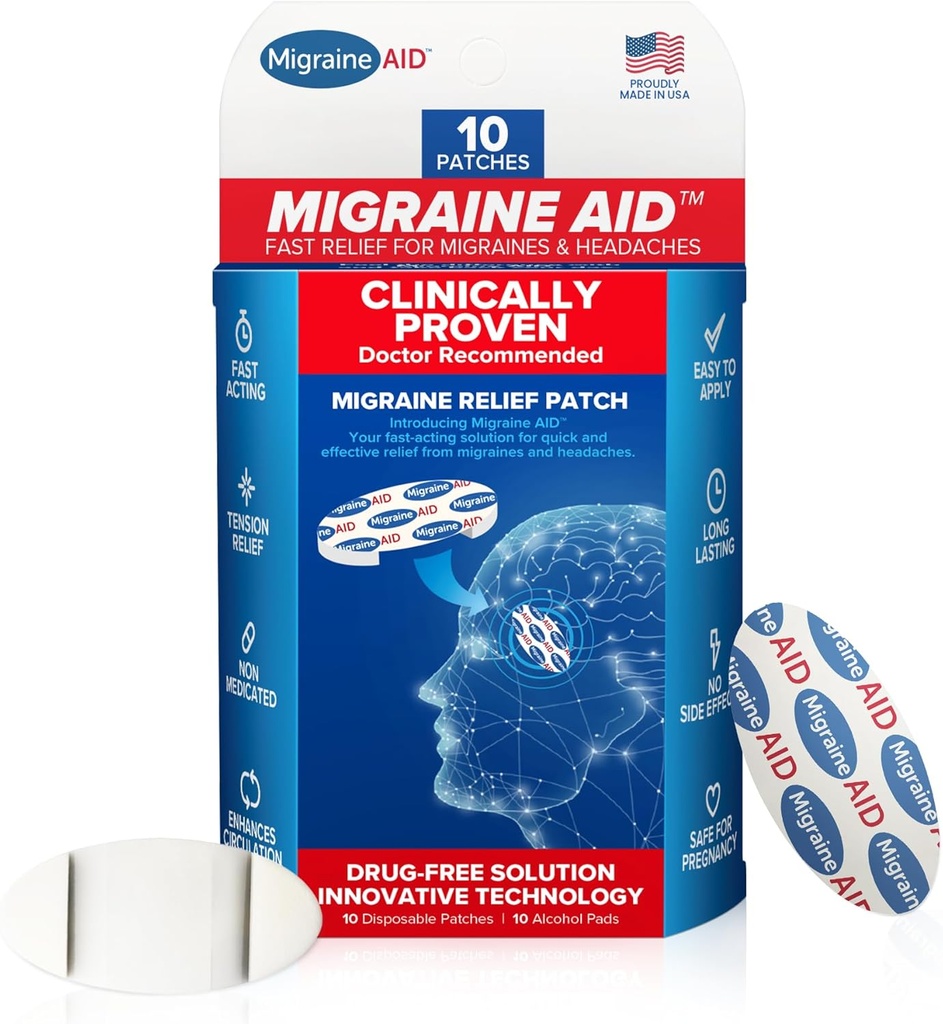 Migraine AID Migraine Relief Patches - Atuação rápida, suporte não medicado para a tensão da cabeça, fácil de aplicar Patches de dor de cabeça, seguro para uso diário, 10 Patches de enxaqueca descartáveis, fabricados nos EUA