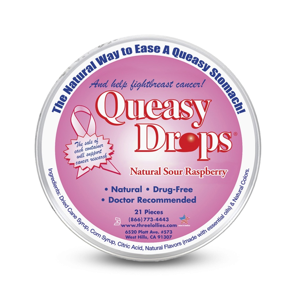 Três Lollies Queasy Drops - sabor de framboesa azedo - Doença de viagem e alívio de náuseas, acalmar estômago e boca seca, ingredientes naturais - 21 quilates