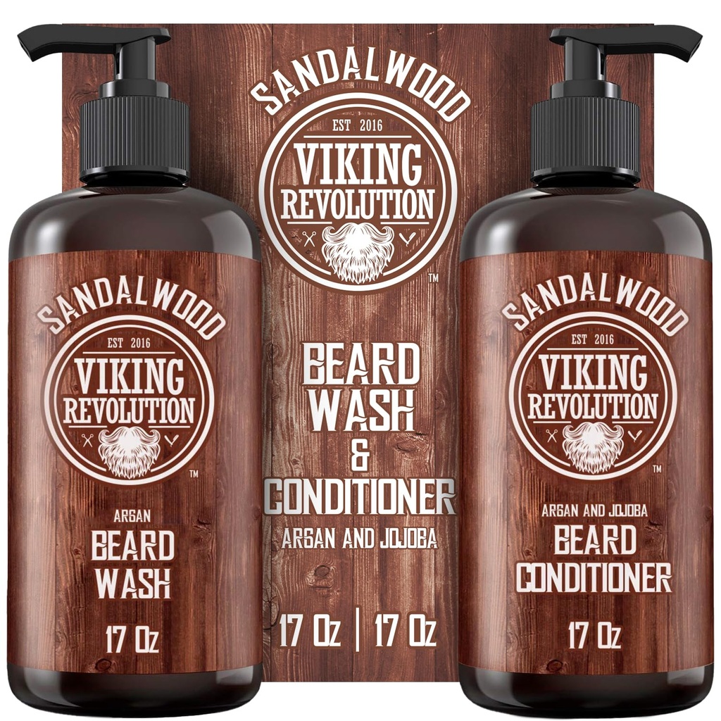 Viking Revolution Beard Wash & Beard Conditioner Conjunto com Óleos de Argan & Jojoba - Suaviza e Fortalece - Natural Sandalwood Scent - Shampoo Barba com Óleo de Barba (17 onças)
