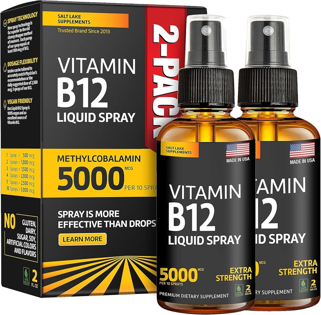 (2 Pack) - Liquid B12 Spray 5000 mcg - Vitamina B12 Sublingual - Vegan B12 Vitamina Spray - Metilcobalamina Vitamina B12 líquido impulsiona energia e humor - Gluten-free & Non-GMO