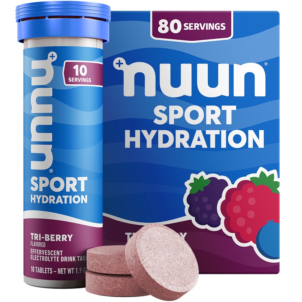 Nuun Sport Electrolyte Tablets com Magnésio, Cálcio, Potássio, Cloreto e Sódio, Gluten Free & Vegan, Tri-Berry, 8 Pack (80 Servings Total)
