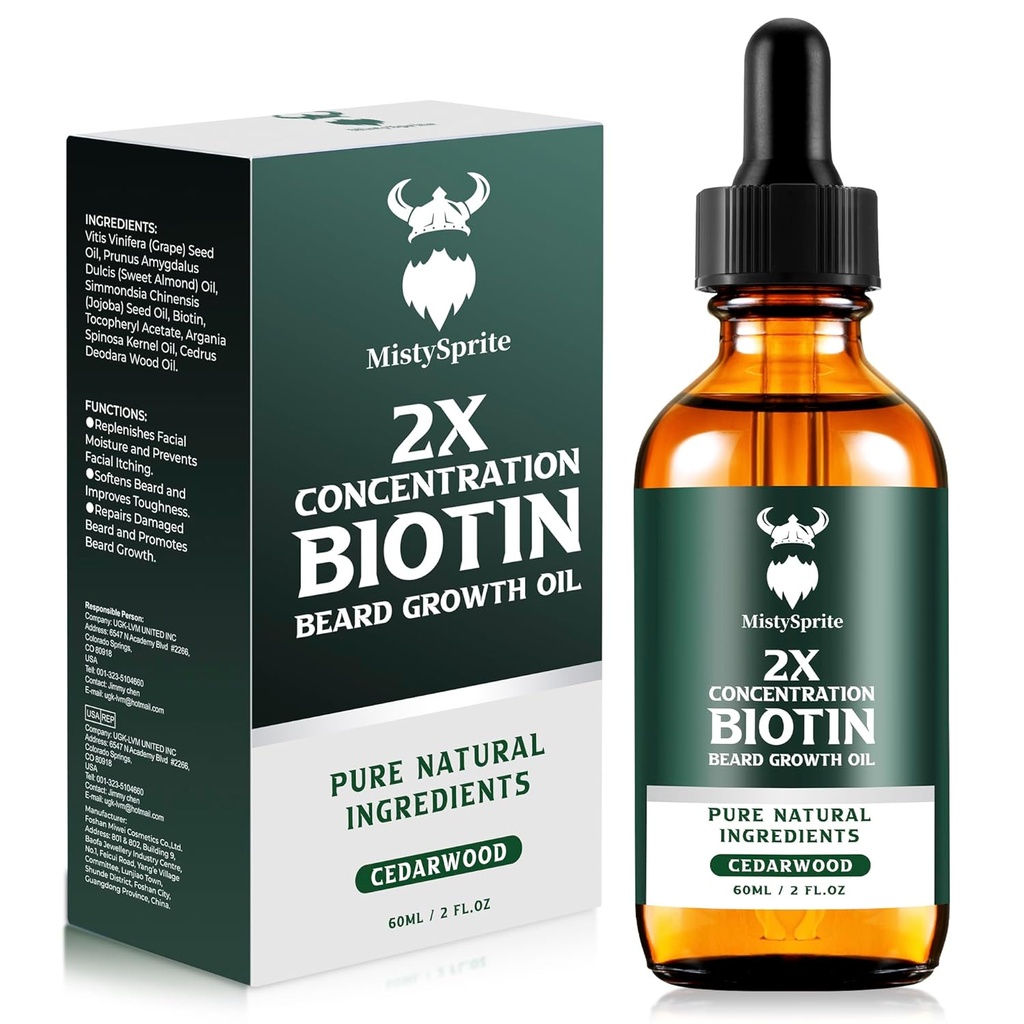 Óleo de crescimento de barba - óleo de biotina de concentração 2X para homens (2 onças) - Óleo de barba de homens naturais com óleo de Argan, óleo de Jojoba e vitamina, amaciador de crescimento de barba, hidratante (Cedarwood)