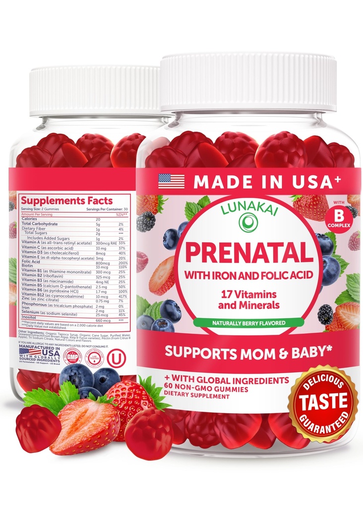Lunakai EUA feito Vitaminas pré-natais com ferro e ácido fólico - Delicioso gravidez Gummies multivitamin para mulheres, 60 Conde
