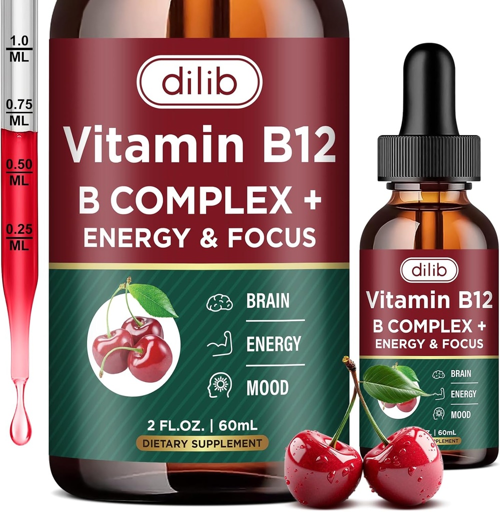 Vitamina B12 Complex 5000 mcg Vegan B12 Liquid Drops Sublingual Supplement (Suplemento Sublingual) Metilcobalamina w/Folato, Biotina, Vitamina C, B3, B5, B6, & B8 para Long-Lasting Energy e Metabolismo Saudável, 2 fl. oz.