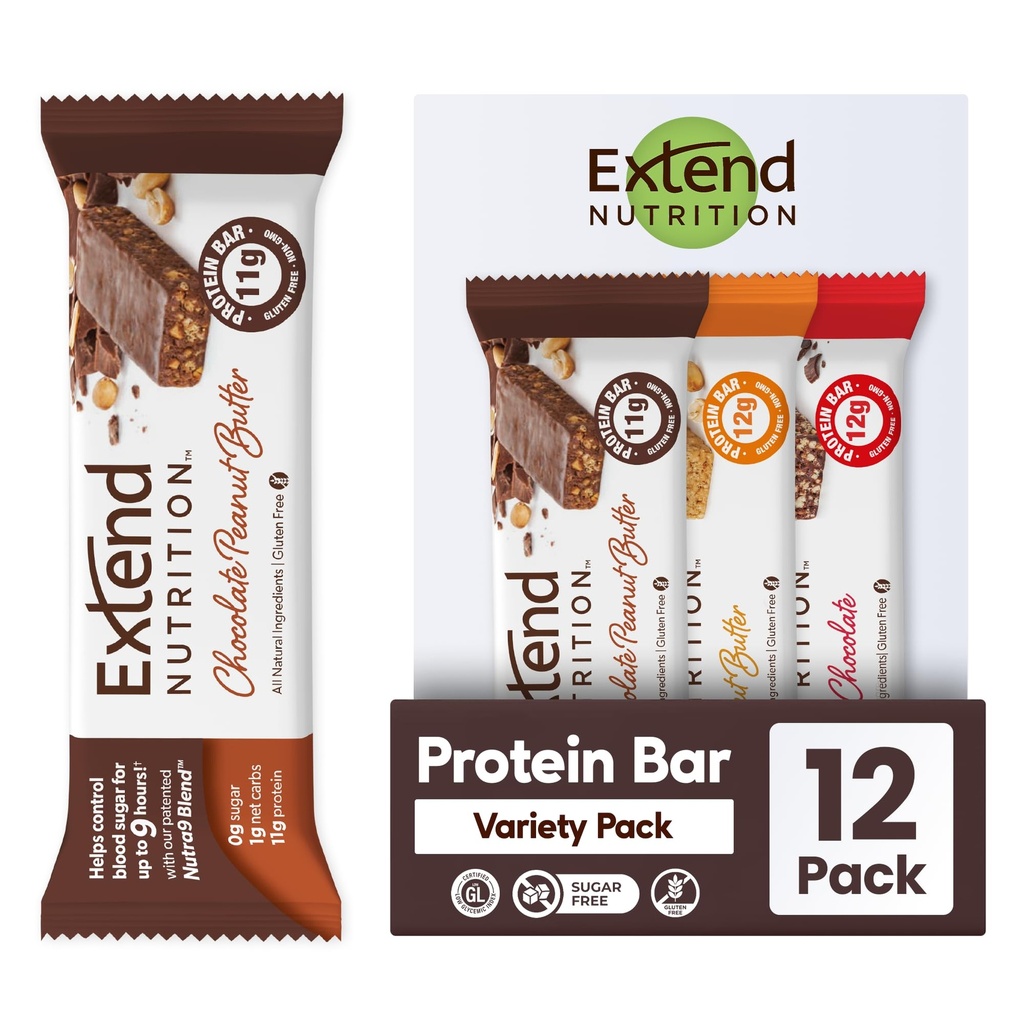 Estenda barras de proteína livre de açúcar, perfeitos lanches diabéticos, alta proteína e fibra, controle de fome e energia estável, baixo carboidrato, Keto Friendly (12 Conde, Variety Pack)