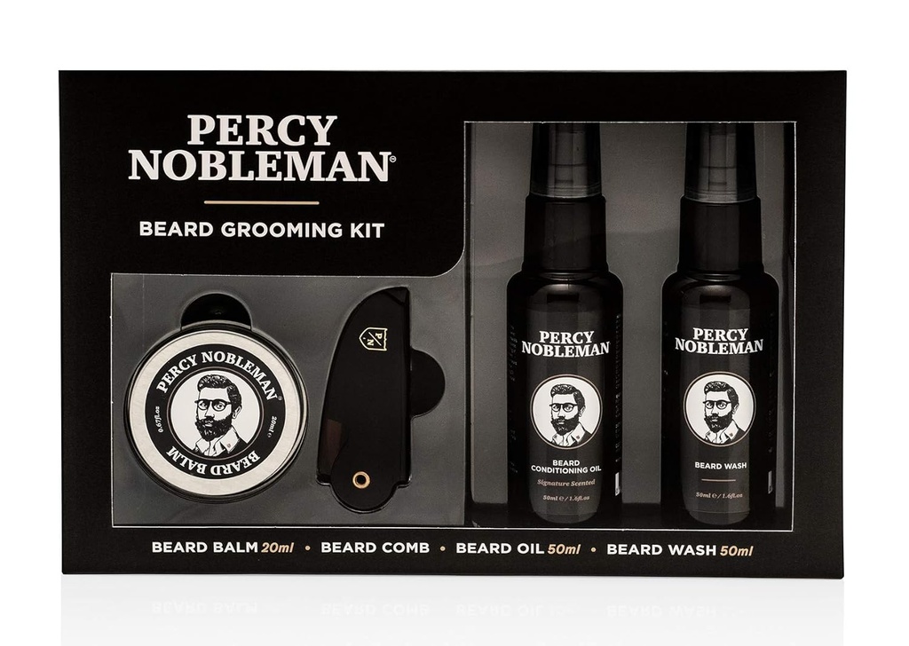 Percy Nobleman Beard Grooming Kit - Assinatura de óleo de barba perfumada 50ml, Wash 50ml, Balm 20ml & Comb